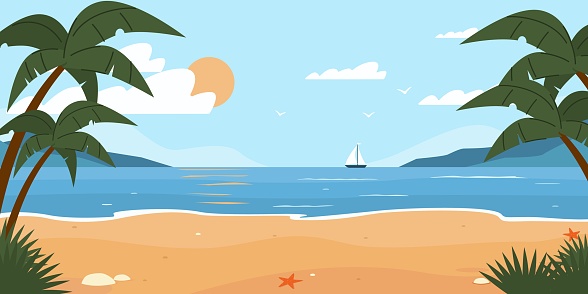 Sandy sea beach with palm trees and yacht in distance. Tropical resort. Marine landscape. Seashore sand. Summer seascape. Sky sun and clouds. Nature scenery. Ocean horizon. Water waves. Vector concept