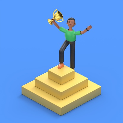 isometric 3D illustration on a blue background,3D illustration of handsome afro man David with a cup stands on the top of the pyramid, achieving success
