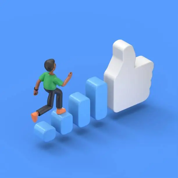 Photo of isometric 3D illustration on blue background, increase popularity on social networks,3D illustration of handsome afro man David runs up the stairs to a big like