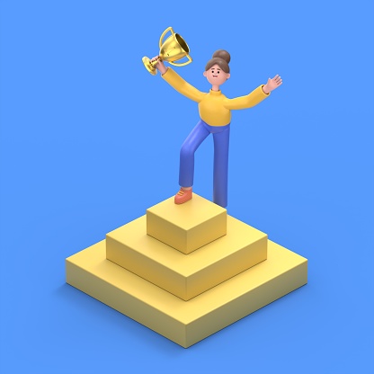 isometric 3D illustration on a blue background,3D illustration of Asian woman Angela with a cup stands on the top of the pyramid, achieving success