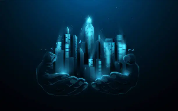 Vector illustration of Man's hand holding an Urban Night Skyline with Silhouetted Buildings, and Vibrant Blue Cityscape Lights in a 3D Vector Design Concept. Low poly wireframe