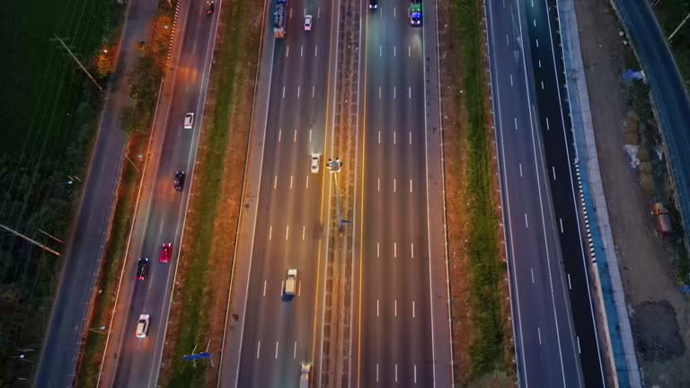 Aerial view  Nighttime of a Busy Freeway .