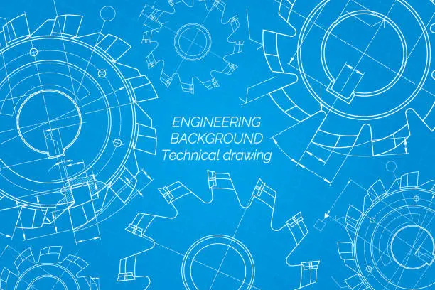 Vector illustration of Mechanical engineering drawings on blue background. Cutting tools, milling cutter. Technical Design. Cover. Blueprint.