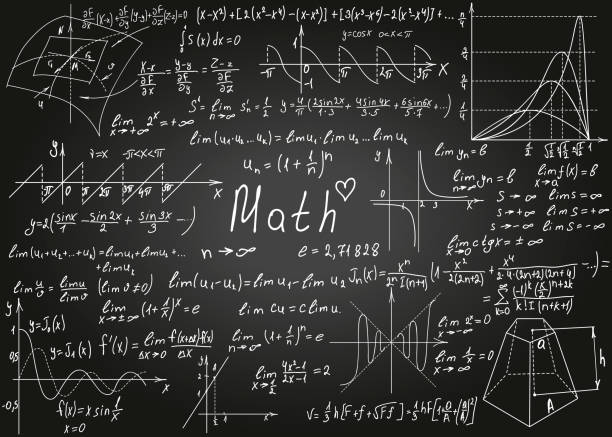 Mathematical white formulas drawn by hand on the black chalkboard for the background. Vector illustration. Mathematical white formulas drawn by hand on the black chalkboard for the background. Vector illustration drawing of a advanced math formulas stock illustrations