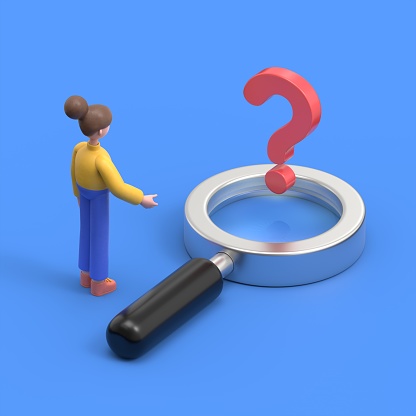 isometric 3D illustration on a blue background,3D illustration of Asian woman Angela stands in front of a question mark in a magnifying glass, looking for a solution or an answer to a question