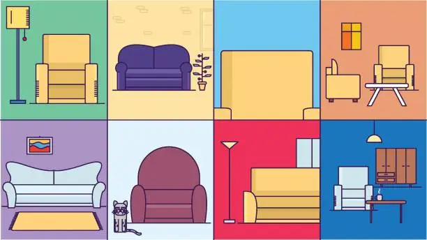 Vector illustration of Big set living room interior place, five different residing place, concept design resting hall, lounge area cartoon vector illustration.
