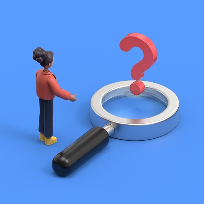 isometric 3D illustration on a blue background,3D illustration of african american woman Coco stands in front of a question mark in a magnifying glass, looking for a solution or an answer to a question