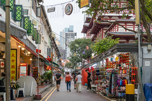 Singapore - August 28,2023 : Scenic view of the Chinatown Singapore, people can seen exploring and shopping around it.