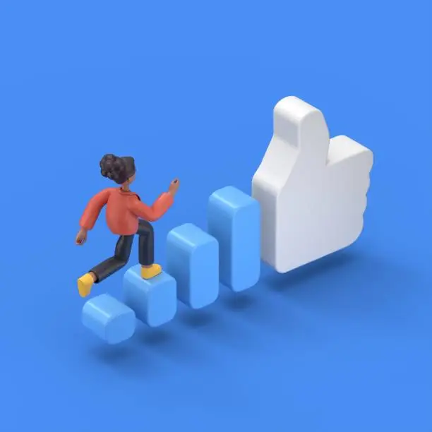 Photo of isometric 3D illustration on blue background, increase popularity on social networks,3D illustration of african american woman Coco runs up the stairs to a big like