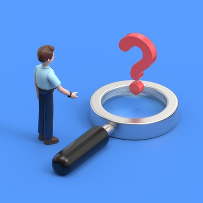 isometric 3D illustration on a blue background,3D illustration of Asian man Felix stands in front of a question mark in a magnifying glass, looking for a solution or an answer to a question