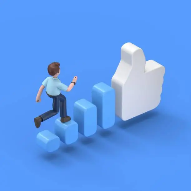 Photo of isometric 3D illustration on blue background, increase popularity on social networks,3D illustration of Asian man Felix runs up the stairs to a big like