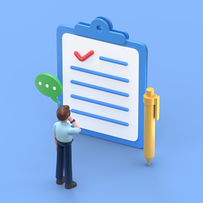 3D illustration of Asian man Felix Standing near Contract Document, Reading Privacy Policy and Terms and Conditions. Businessman Signing Contract. Contract Agreement Concept. Flat Isometric 3D Illustration.