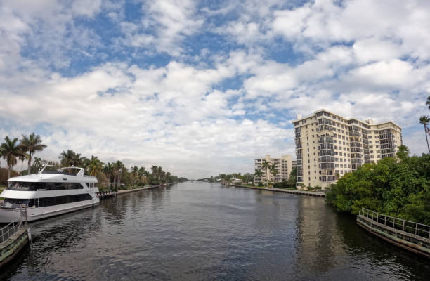 Delray Beach, Florida, USA - 4th January 2024: Looking along the river at Delray Beach in Florida, USA