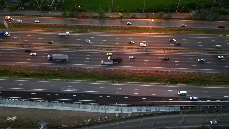 Drone Point View of Free way in the City Traffic at night.