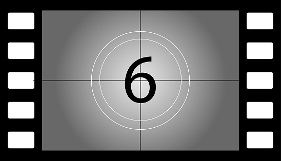 Old film countdown number 6. Flat, gray, old film countdown, number 6, retro film strip, cinematography design. Vector illustration