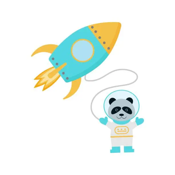 Vector illustration of Cute funny panda astronaut flying on a rocket. Space adventure.