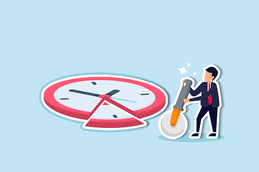 Time allocation, manage limited time to optimize outcome, project management or efficiency and productivity concept, smart businessman cut clock face with pizza cutter metaphor of time management.