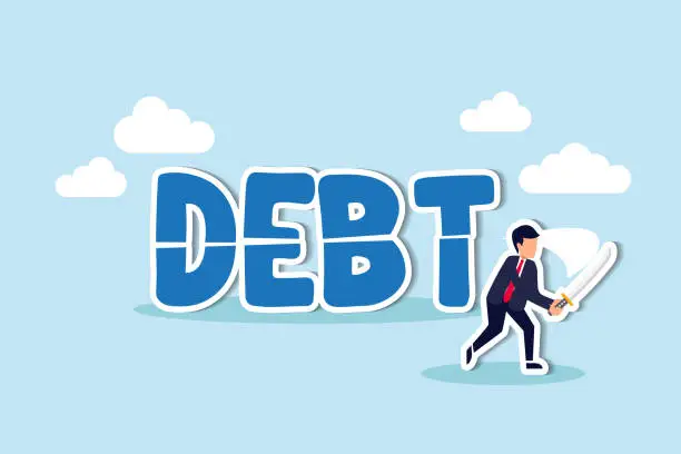 Vector illustration of Cut debt, negotiate with bank or debtor to reduce amount of loan and mortgage payment, solution for money management concept, smart confidence businessman cutting or slice the word DEBT in half.