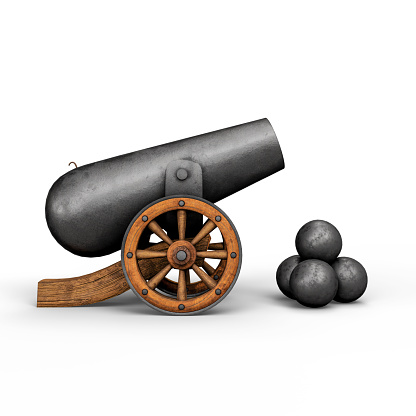 Ancient Vintage Medieval Cannon with Cannon Ball. 3D Illustration. File with Clipping Path.