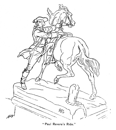 Revolutionary War hero Paul Revere's Ride sketch of a sculpture by artist James E Kelly, Trenton, New Jersey. Illustration engraving published 1896. Original edition is from my own archives.  Copyright has expired and is in Public Domain.