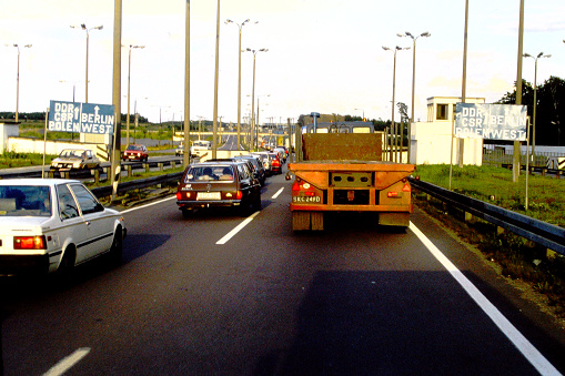 The West Berlin border crossing on old film stock in 1990.