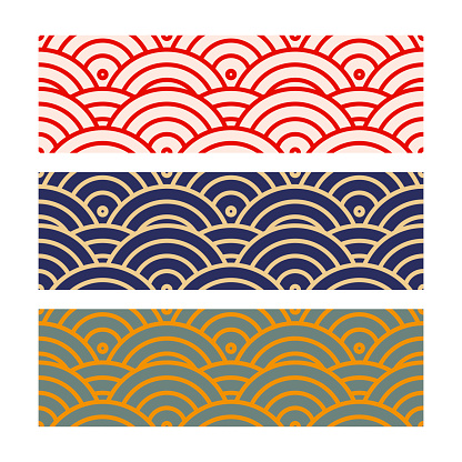 Vector illustration of a collection of three Japanese inspired seamless patterns.
