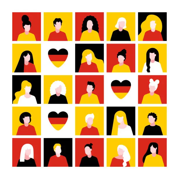 Vector illustration of I love Germany. Flag of Germany. Valentine's Day in Germany. Family Day in Germany. German Unity Day. Tag der Deutschen Einheit. Dating in Germany. Getting to know Germany.  Group of People in flat style. Citizens of Germany. People silhouettes.