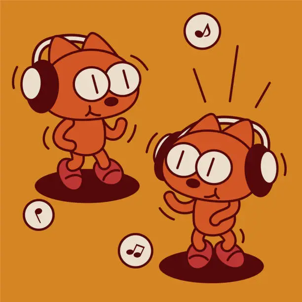 Vector illustration of Two quirky and cute kittens wearing a headset and dancing