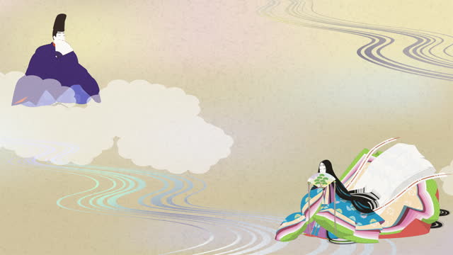 An image illustration video of a Heian emaki-style woman in a junihitoe robe and a man in a straight robe.