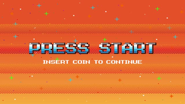PRESS START INSERT A COIN TO CONTINUE .pixel art .8 bit game. retro game. for game assets .Retro Futurism Sci-Fi Background. glowing neon grid. and stars from vintage arcade computer games