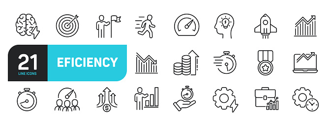 Set of line icons related to efficiency, effective, optimization, progress. Outline icons collection. Editable stroke. Vector illustration.