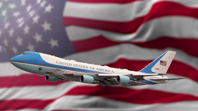 4K video of Air Force One with Flag United States of America