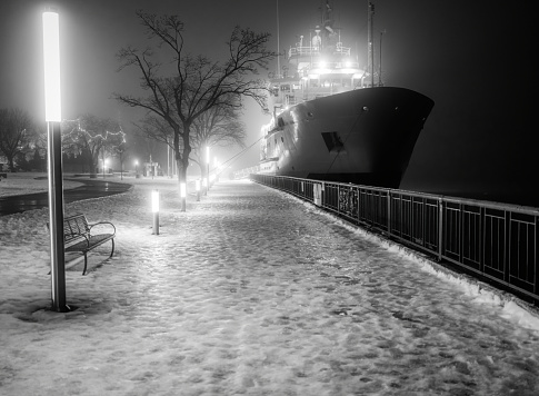 A Canadian Coast Guard icebreaker ship is shown moored in Windsor, Ontario.