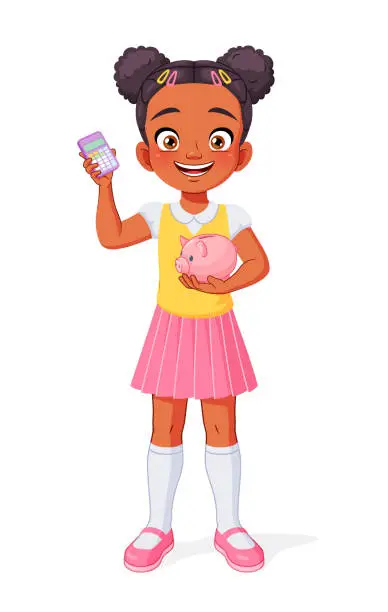 Vector illustration of African American girl with piggy bank and calculator. Smart kid saving money for future. Isolated vector illustration.