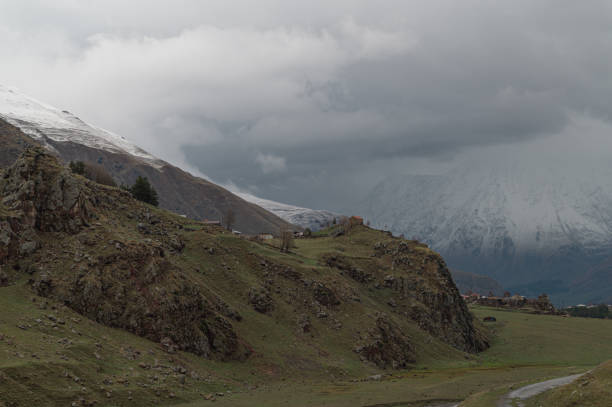 The Mountain along the way to Kazbergi. Beautiful view of the city of Mtskheta. stock photo