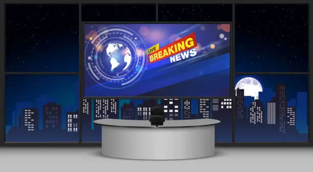 Vector illustration of white table and breaking news on led screen background in the news studio room
