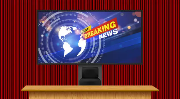 Vector illustration of wooden table and led tv in the news studio room with red curtain background