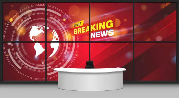 Vector illustration of white table and breaking news on led background in the news studio room