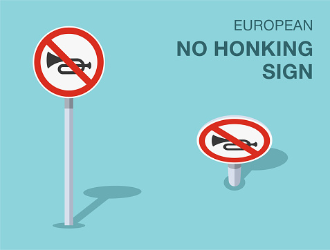 Traffic regulation rules. Isolated european no honking sign. Front and top view. Flat vector illustration template.