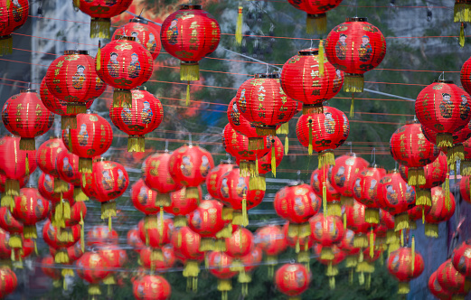 Chinese new year lantern in chinatown area. Translate chinese alphabet  Daji dali  on Lantern meaning profitable trade.