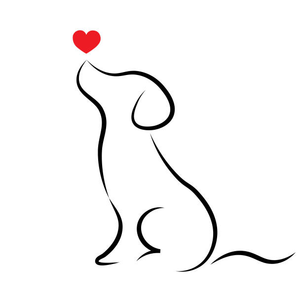 grafika linii psa z czerwonym sercem - humor pets loving vertical stock illustrations