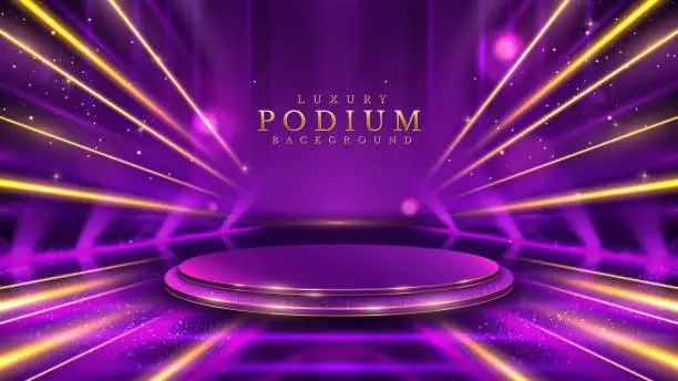 Vector illustration of Empty purple podium with spotlight effects and gold beam with bokeh decorations. Luxury modern scene design concept. Vector illustrations.