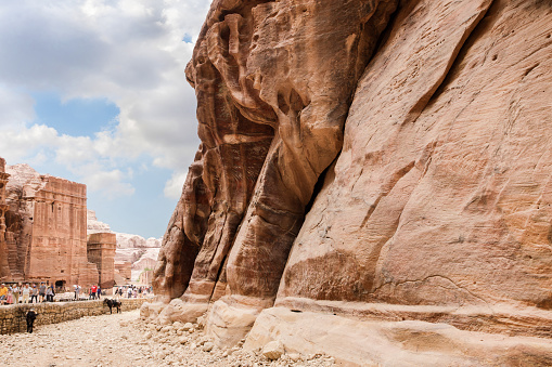 Wadi Musa, Jordan, October 05, 2023 : Numerous tourists explore tourist place in Nabatean Kingdom of Petra in Wadi Musa city in Jordan