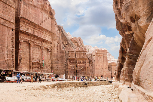 Wadi Musa, Jordan, October 05, 2023 : Numerous tourists explore tourist place in the Nabatean Kingdom of Petra in the Wadi Musa city in Jordan