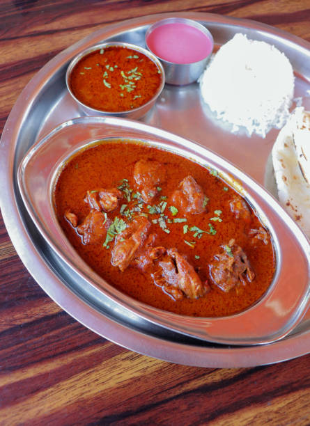 istock Malvani chicken Thali. It is a popular Indian or Konkani food platter that includes Chicken curry, egg curry, Rice bhakri, Steamed Rice, Solkadhi, and salad. Copy space. 1956590036