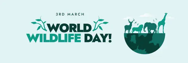 Vector illustration of World Wildlife Day. March 3rd, World Wildlife day cover banner with silhouette wild animals, earth globe in digital craft style. Wild life concept to save and protect wild animals and plants. Vector stock illustration