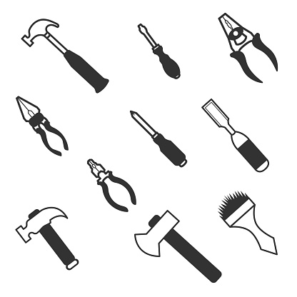 vector icon design set of carpentry tools, saw, screwdriver, scissors, pliers, axe, hammer, hacksaw etc.