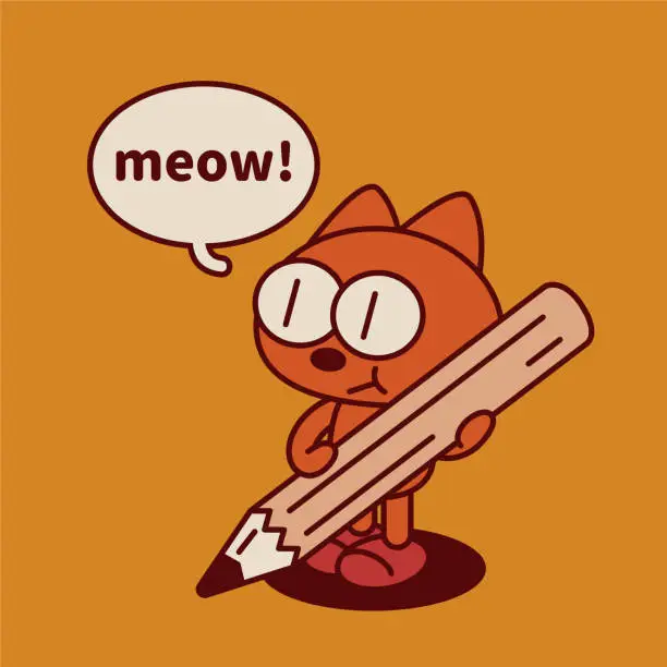 Vector illustration of A quirky and cute kitten writing with a big pencil