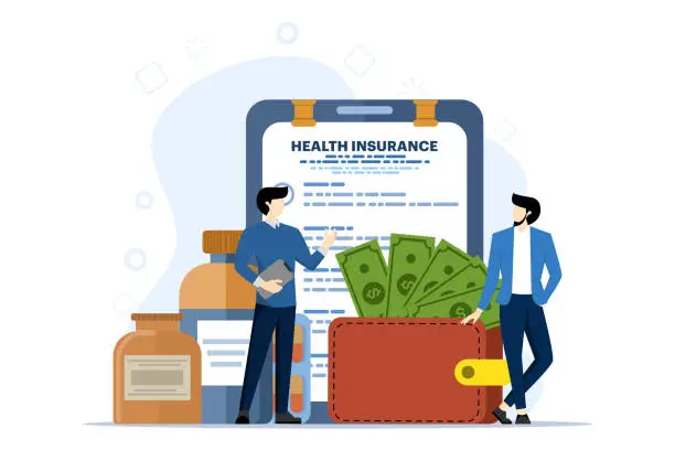 Vector illustration of Health insurance concept. Large clipboard with documents surrounded by drugs. Financing health care and medical care. Health, financial and medical services. Flat vector illustration on background.