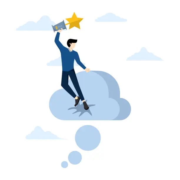 Vector illustration of Concept of Turning dreams into reality, businessman with success trophy jumping from thought bubble to reality. creative for success, ideals, motivation to think big and achieve business goals.